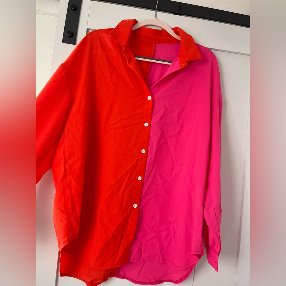 Red and Pink Button-Up Shirt